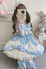 Blue Cream Multi-Layered Polka Dots Print Ruffle Bowknot Sweet Lolita Jsk Dress - Product - 4