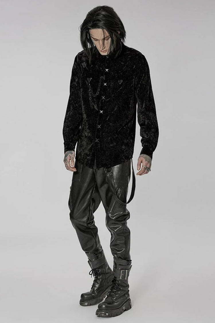 Men's Stand Collar Long Sleeves Metal Buckle Detachable Chain Steampunk Blouse 2 Colors - Product - 4