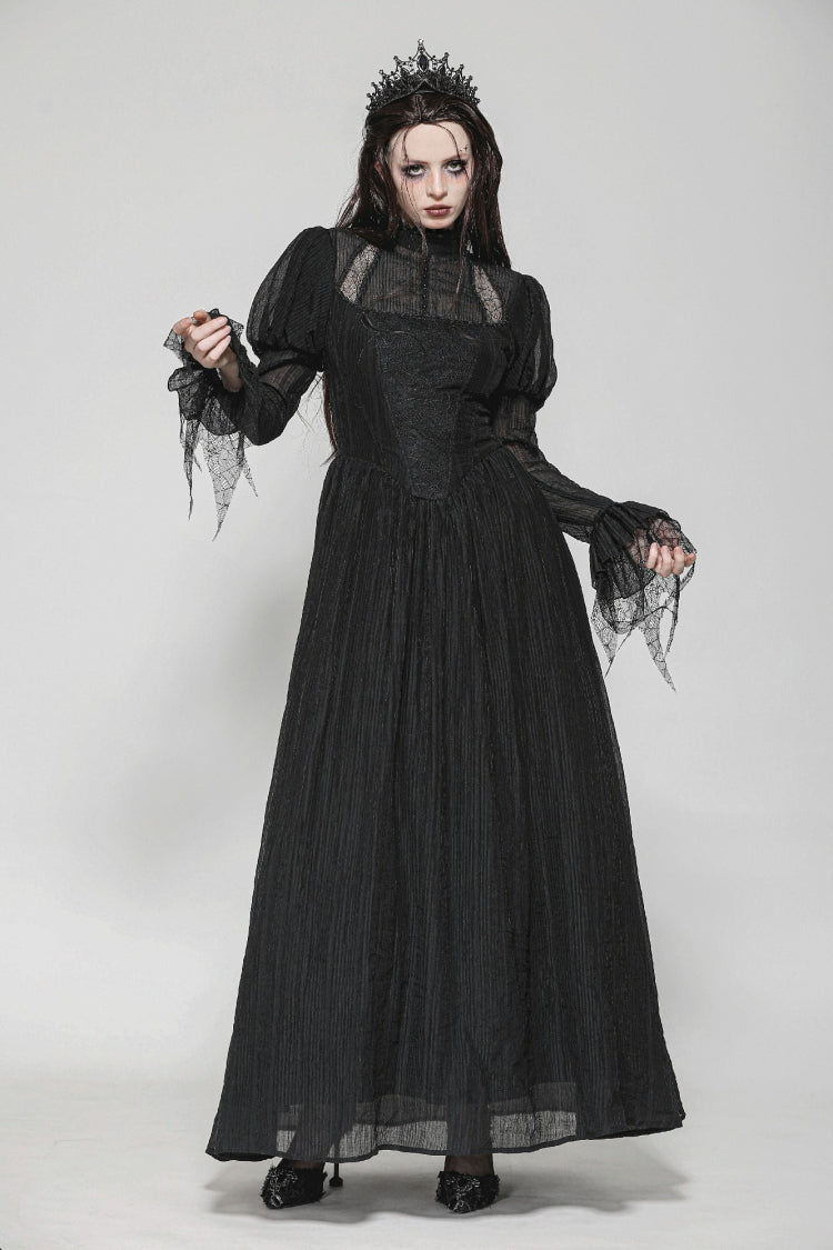 Black Women's Gothic Ruffled Stand Collar Long Puff Sleeves Spiderweb Splice Witch Maxi Dress - Product - 9