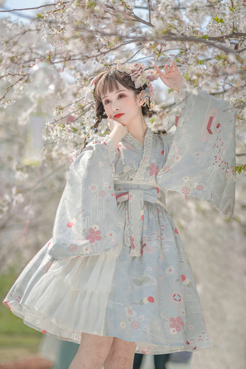 Japanese Trumpet Sleeves Lace Ruffled Cherry Blossom Print Sweet Lolita OP Dress - Product - 4