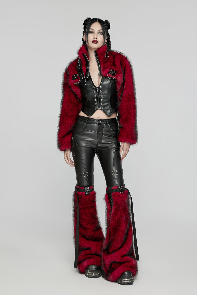 Red Stand Collar Long Sleeves Women's Punk Faux Fur Short Jacket - Product - 5