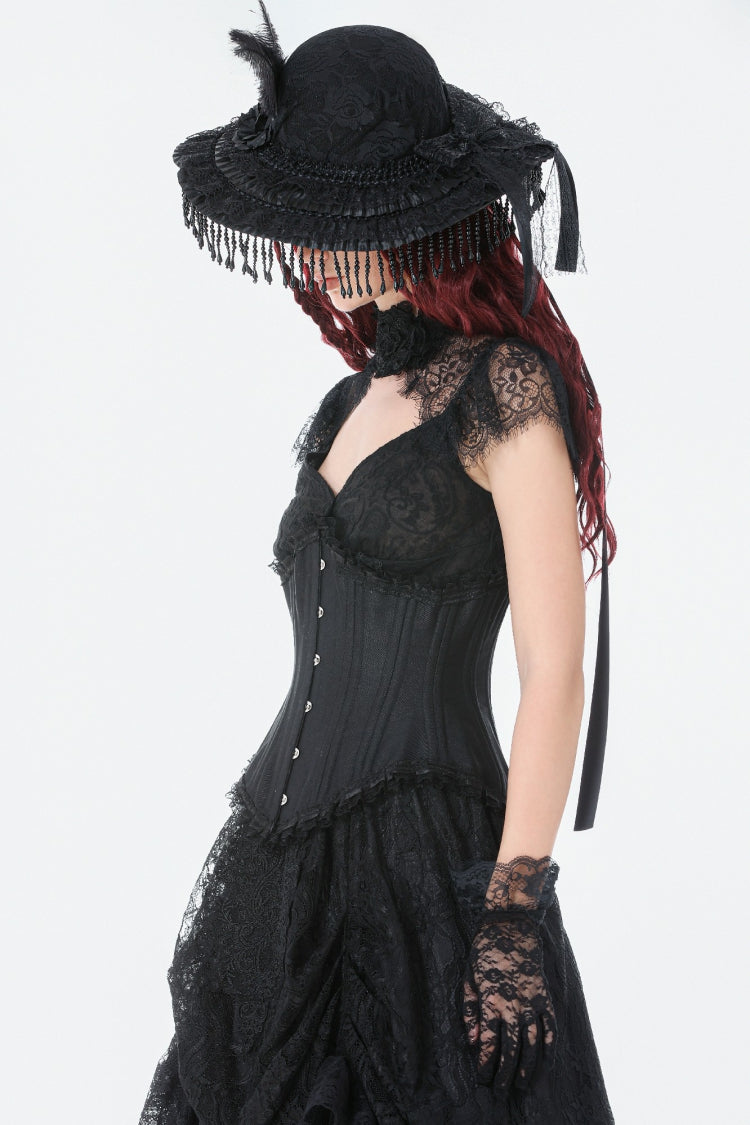 Black Sleeveless Lace Irregular Lace-Up Women's Gothic Underbust Corset - Product - 5