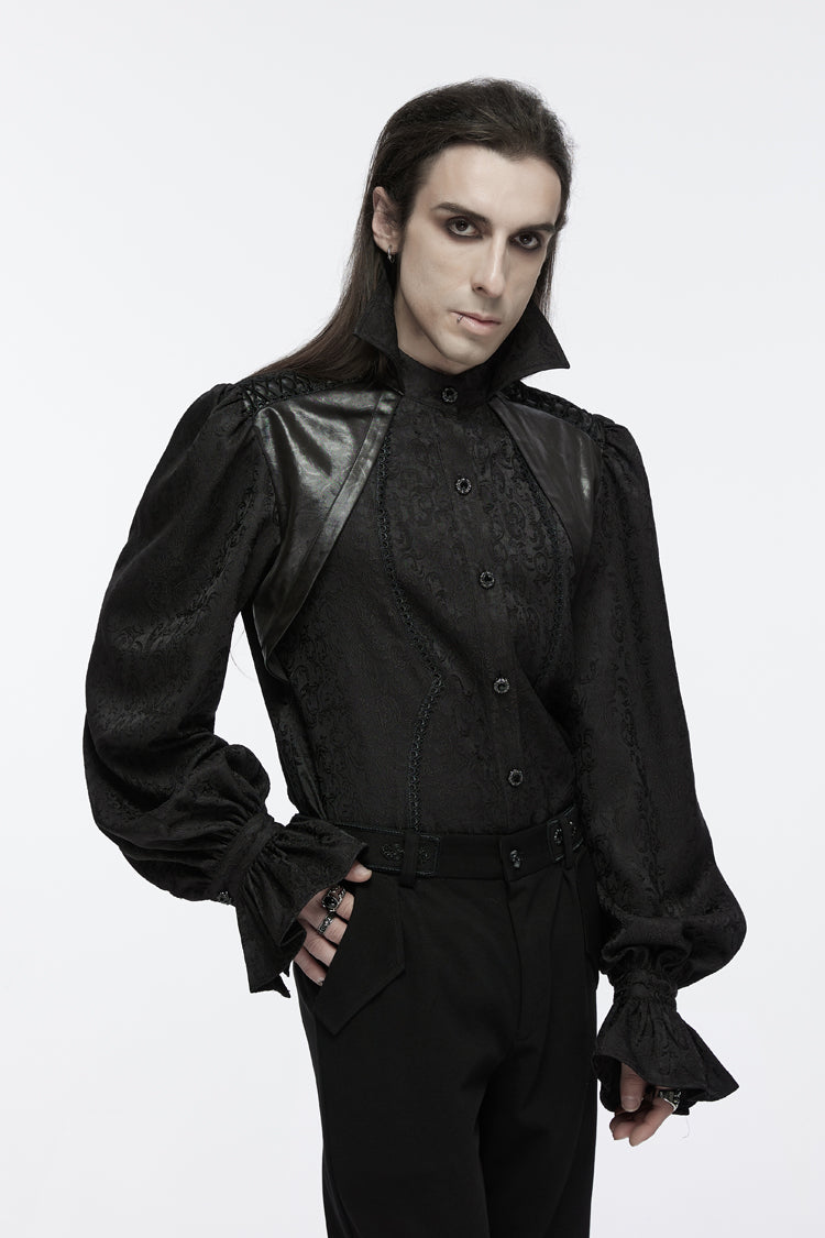 Black Long Puff Sleeves Lace-Up Men's Gothic Blouse - Product - 3