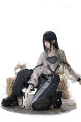 Black [Infinite Battlefield] Long Sleeves Printed Techwear Style Gothic Handsome Ouji Lolita Set - Product - 6