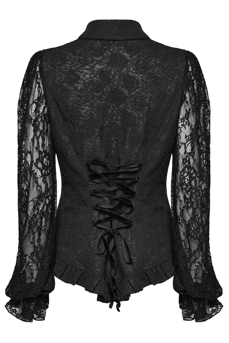 Black Lapel Collar Puff Sleeves Ruffle Stitching Lace Women's Gothic Blouse - Product - 7