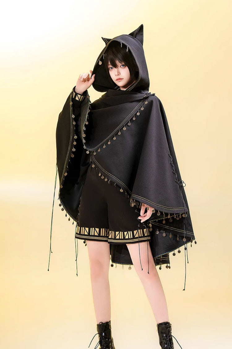 Black [Black Cat] Embroidery Cat Ears Hooded Ouji Gothic Prince Handsome Lolita Cloak - Product - 4
