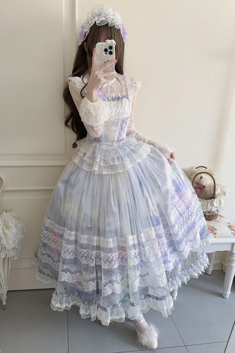 Light Purple [Mist-shrouded Vineyard] Sleeveless Ruffle Bowknot Lace-Up Sweet Lolita Jsk Skirt Dress Set - Product - 3