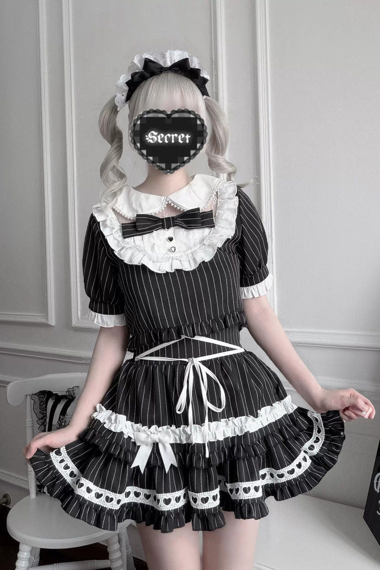 Black [Starry Tulle] Doll Collar Short Sleeves Double-Layered Striped Printed Ruffled Bow Gothic Jirai Kei Japanese Skirt Set - Black(Striped-Set) - 1