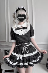Black [Starry Tulle] Doll Collar Short Sleeves Double-Layered Striped Printed Ruffled Bow Gothic Jirai Kei Japanese Skirt Set - Black(Striped-Set) - 1