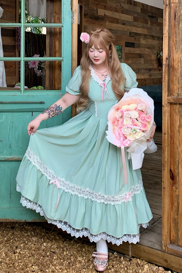Green V Collar Short Sleeves Ruffled Lace Sweet Plus Size Lolita Dress - Product - 9