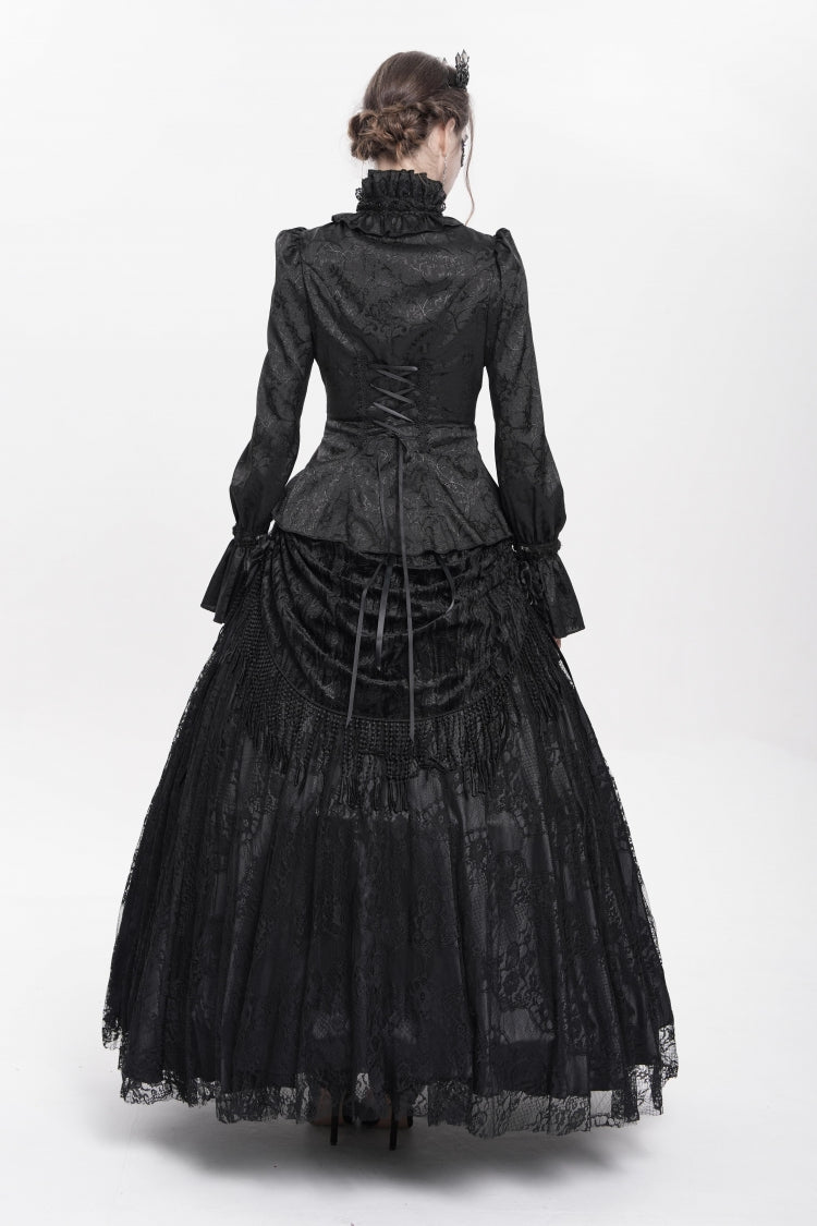 Black Stand Collar Long Sleeves Jacquard Hollow Lace Women's Gothic Blouse - Product - 12