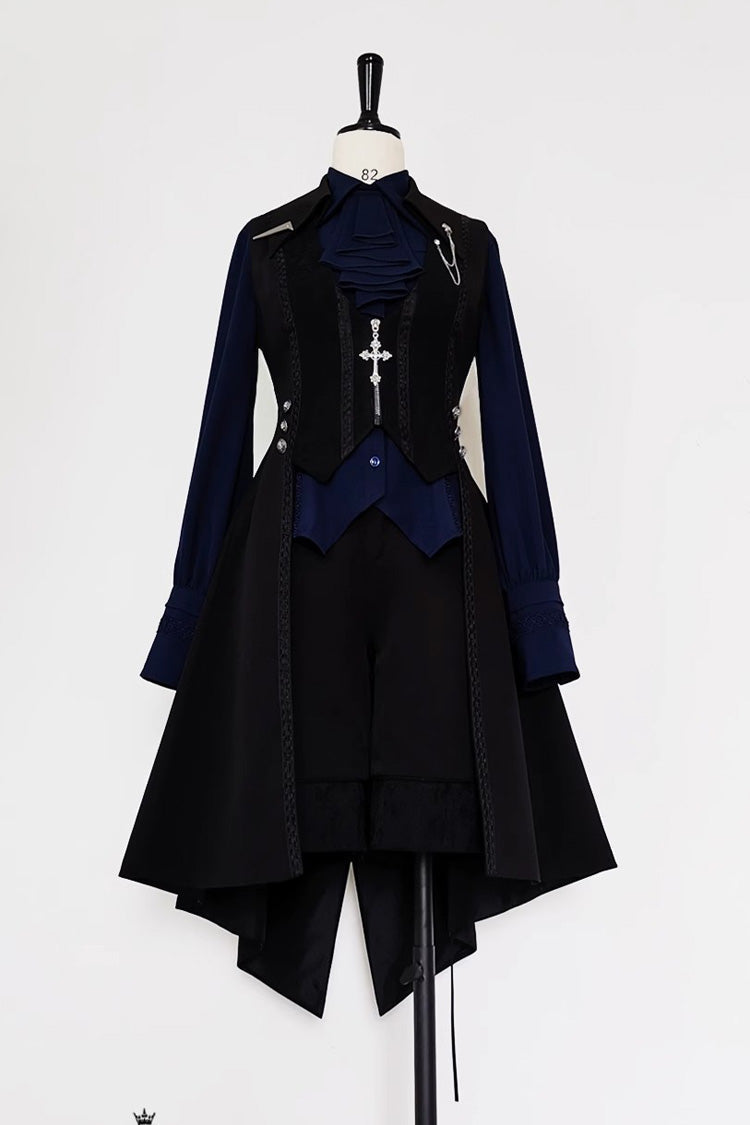 Black/Blue Vintage Medieval Little Prince Ouji Lolita Swallowtail Long Vest - Black/Blue - 7