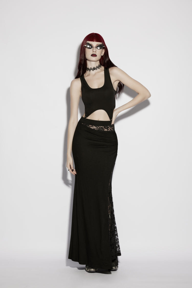 Black Cut-Out Rose Lace Splice Side Slit Asymmetric Women's Gothic Skirt - Product - 7