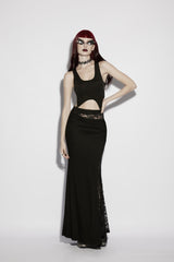 Black Cut-Out Rose Lace Splice Side Slit Asymmetric Women's Gothic Skirt - Product - 7