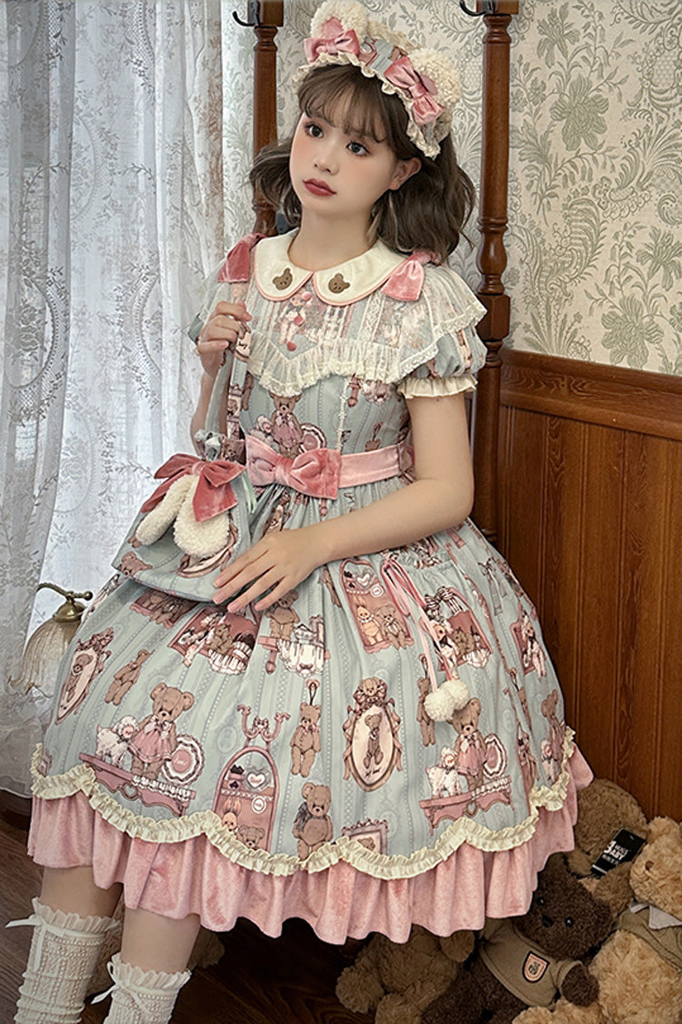 Pink/Green Bear Doll Wall Print Short Sleeves Ruffle Embroidery Bowknot Sweet Lolita Dress - Product - 3