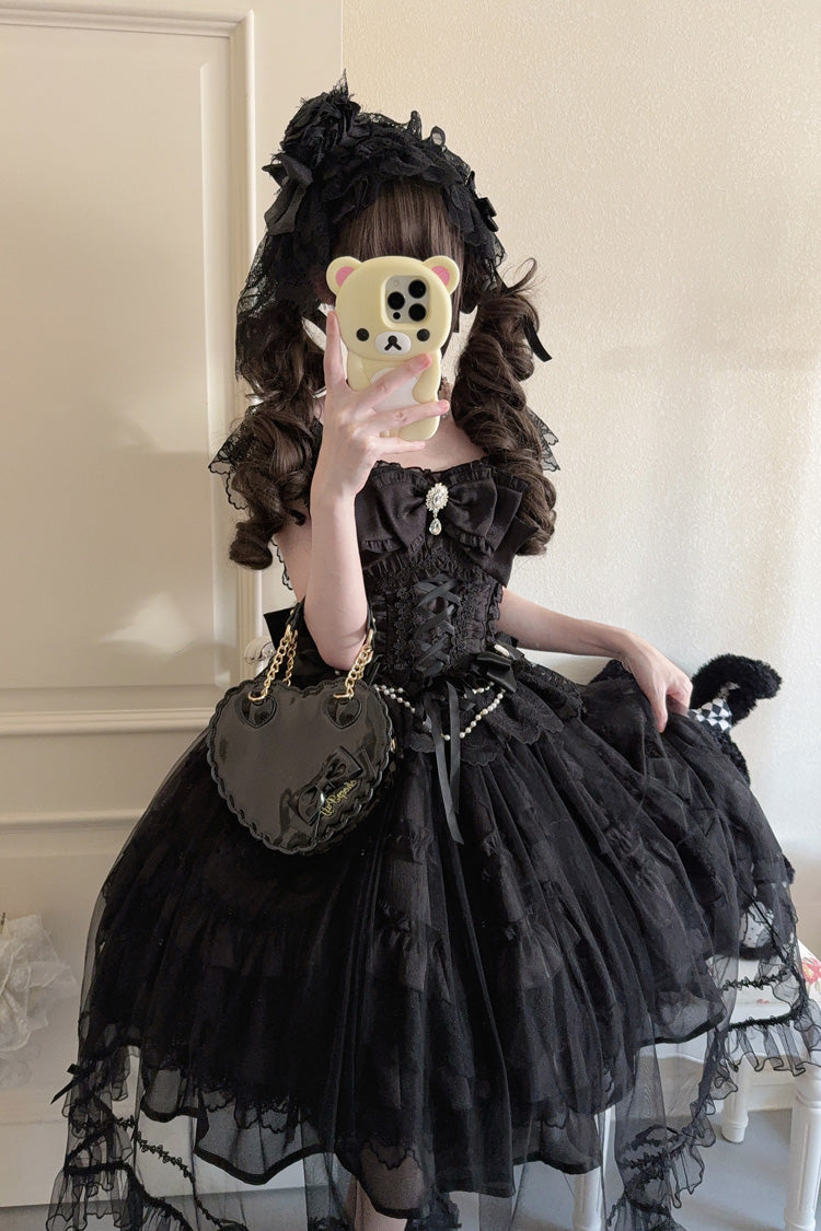 Black [Eternal Vow] Sleeveless Multi-Layered Ruffle Hanayome Bowknot Lace Lace-Up Gothic Lolita Jsk Dress - Product - 5