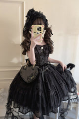 Black [Eternal Vow] Sleeveless Multi-Layered Ruffle Hanayome Bowknot Lace Lace-Up Gothic Lolita Jsk Dress - Product - 5