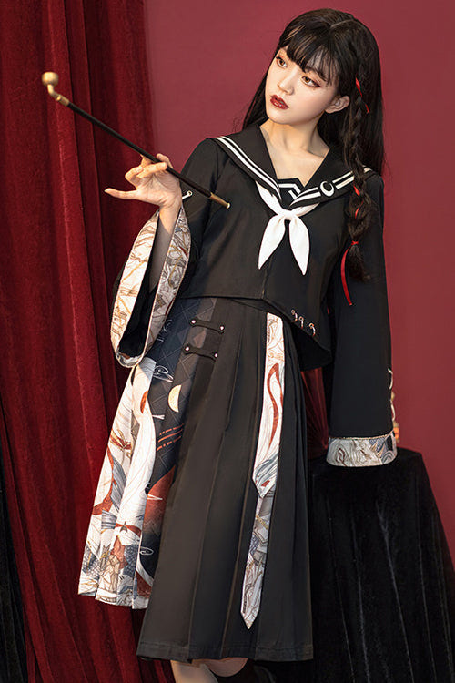 Black Bad Girl Chinese Elements Printed Asymmetric Pleated Skirt Full Set Of Classic Lolita Dress - Product - 3