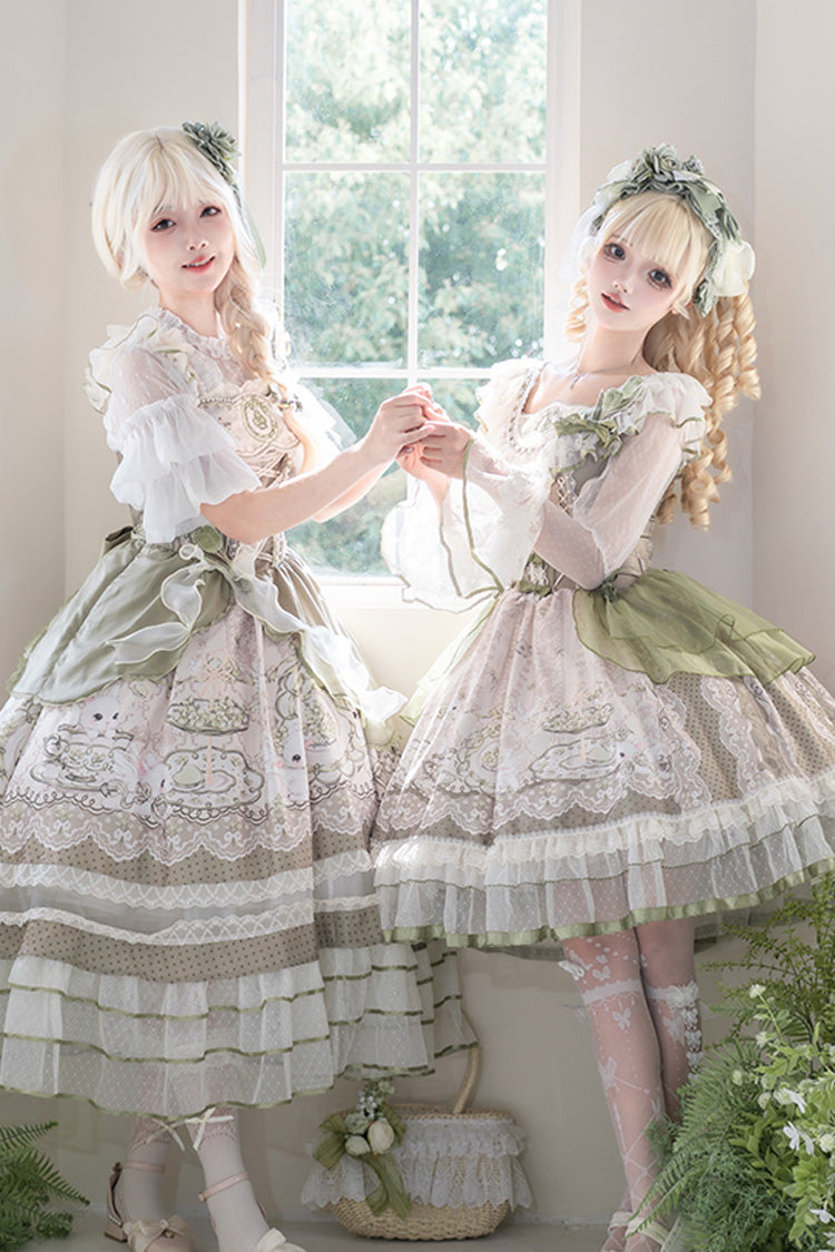 Green [Teacup Rabbit] Multi-Layered Print Ruffle Embroidery Bowknot Lace Asymmetric Sweet Elegant Lolita Jsk Dress - Product - 5