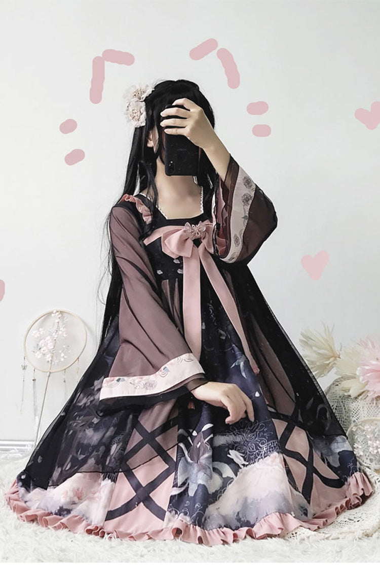 Black/Pink Chinese Style Long Sleeves Chest Bow Chiffon Sweet Lolita OP Dress - Product - 4