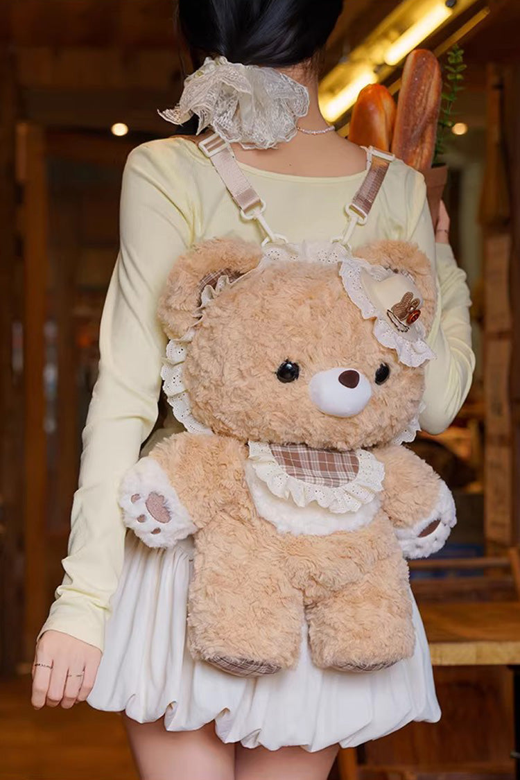Brown [Little Bear Guli] Ruffled Plush Toy Sweet Lolita Backpack - Product - 5