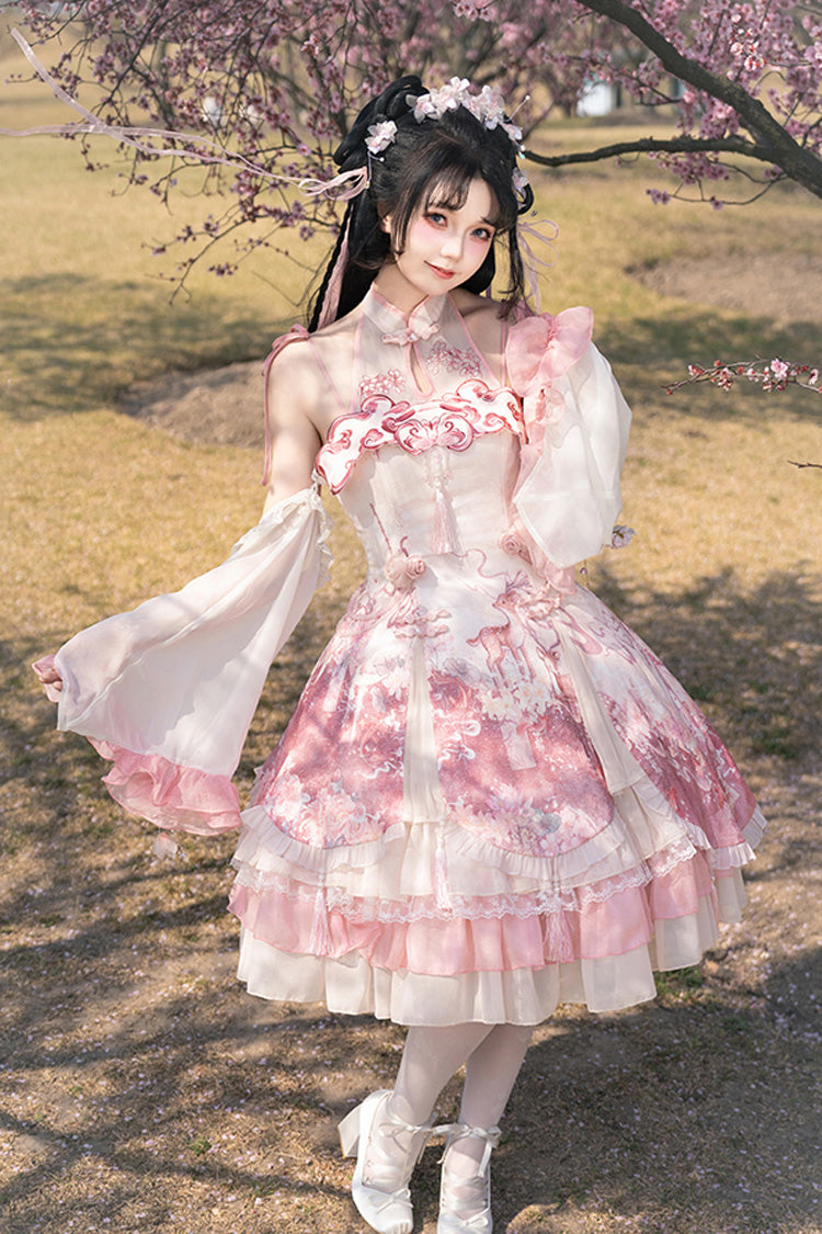 Pink [Flower Feast] Multi-Layered Print Ruffle Bowknot Sweet Chinese Style Lolita Jsk Dress - Product - 6