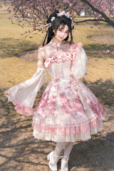 Pink [Flower Feast] Multi-Layered Print Ruffle Bowknot Sweet Chinese Style Lolita Jsk Dress - Product - 6