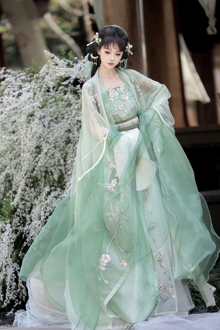 Green [Qingdie] Song Dynasty Ruffle Embroidery Sweet Chinese Style Hanfu Dress Full Set - Green - 1