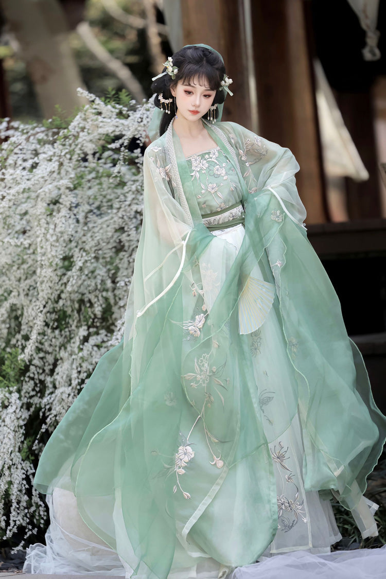 Green [Qingdie] Song Dynasty Ruffle Embroidery Sweet Chinese Style Hanfu Dress Full Set - Green - 1