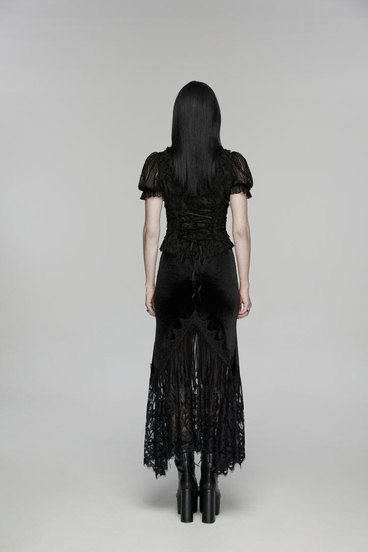 Black Embroidered Lace Slim Women's Gothic Fishtail Velvet Skirt - Product - 3