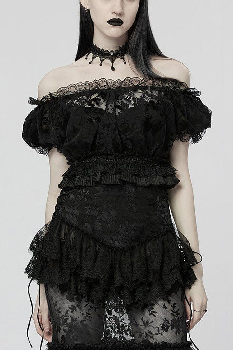 オフショルダー フリル 切り替え レース Sheer レディース ゴシック T-シャツ 2色 商品画像