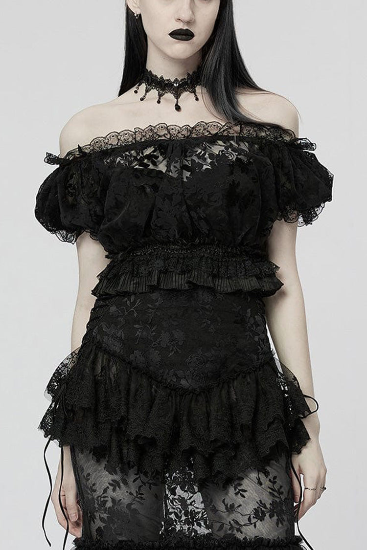 Off Shoulder Ruffle Stitching Lace Sheer Womens Gothic T-Shirt 2 Colors - Black - 1