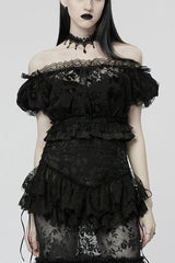 Off Shoulder Ruffle Stitching Lace Sheer Womens Gothic T-Shirt 2 Colors - Black - 1