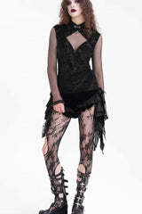 Black Stand Collar Hollow Embroidery Lace Women's Gothic Blouse - Product - 2
