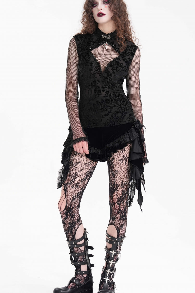 Black Stand Collar Hollow Embroidery Lace Women's Gothic Blouse - Product - 2