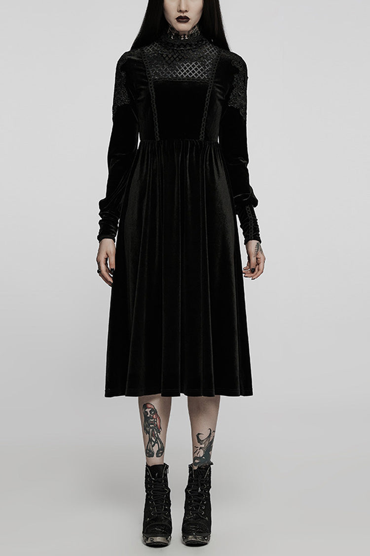 Black Long Sleeves Invisible Zipper High Waisted Hollow Stitching Women's Gothic Dress - Black - 1