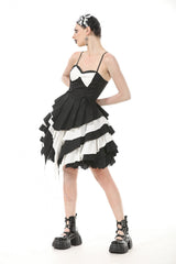 Black/White Sleeveless Multi-Layered Ruffled Bowknot Women's Gothic Slip Dress - Product - 11