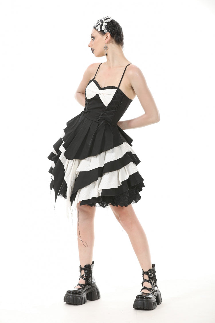 Black/White Sleeveless Multi-Layered Ruffled Bowknot Women's Gothic Slip Dress - Product - 11