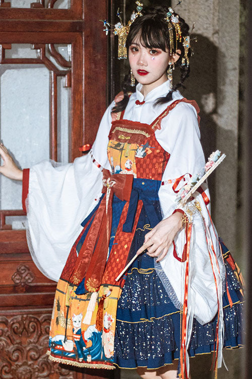 Blue Ukiyoe Cat & Waves Print Sleeveless Multi-Layer Sweet Lolita JSK Dress - Product - 6