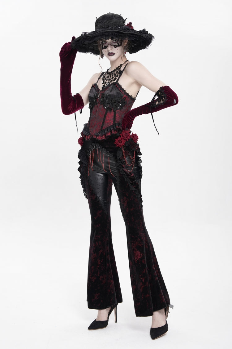 Black/Red  Ruffled Spliced Women's Gothic Floral Faux Leather&Velvet Ruffle Pants - Product - 3