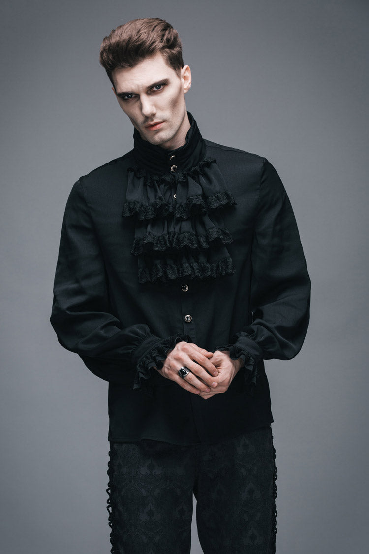 Black Ruffled Lace Button-Up Micro-bullet Chiffon Long Sleeve Men's Gothic Shirt - Product - 4