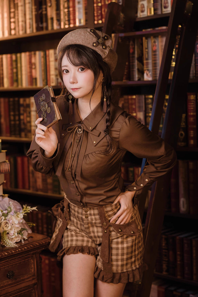 Brown Lapel Collar Long Sleeves Bowknot Vintage Ouji Lolita Blouse - Product - 3
