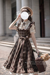 Brown [The Thames at Dusk] Print Short Sleeves Ruffle Bowknot Fake Two Pieces Vintage Lolita Dress - Product - 6