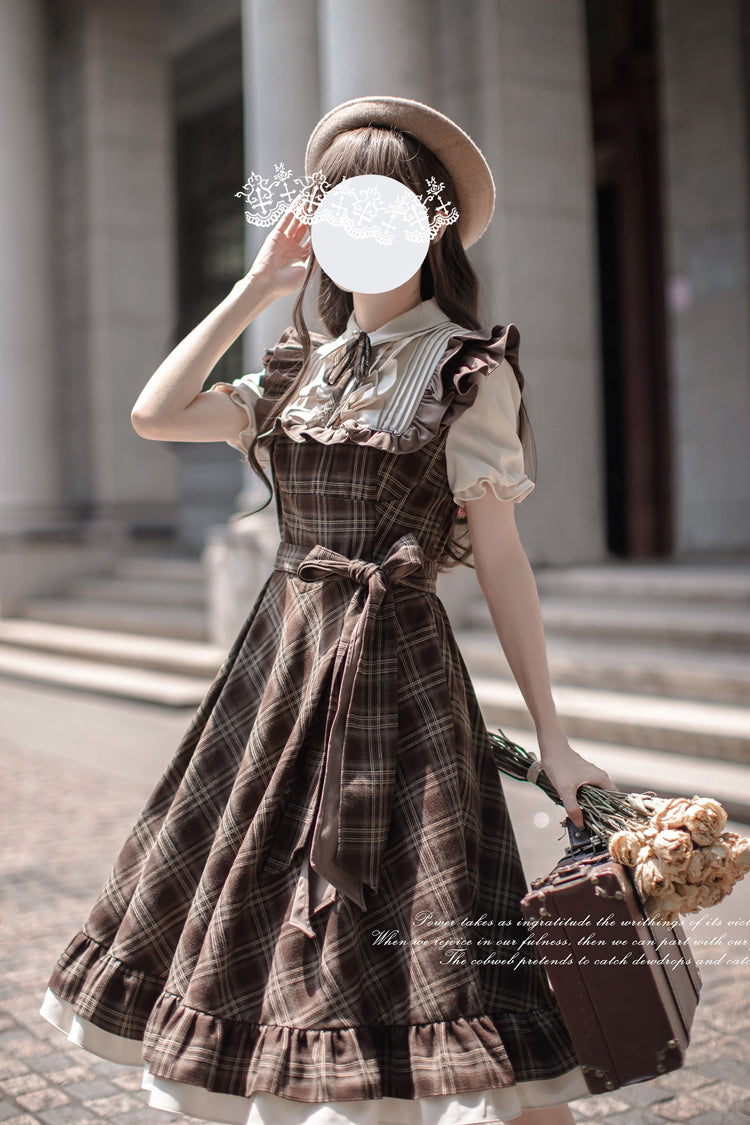 Brown [The Thames at Dusk] Print Short Sleeves Ruffle Bowknot Fake Two Pieces Vintage Lolita Dress - Product - 6