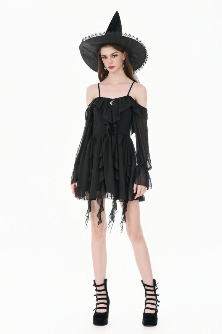Black Moon Charm Off Shoulder Long Puff Bishop Sleeves Layered Ruffled Hem Women's Gothic Slip Dress - Product - 7