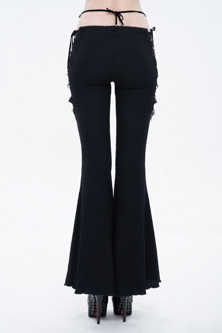 Black Low-Rise Lace Gem-Embellished Bilateral Lace-Up Cutout Flared Women's Gothic Pants - Product - 4