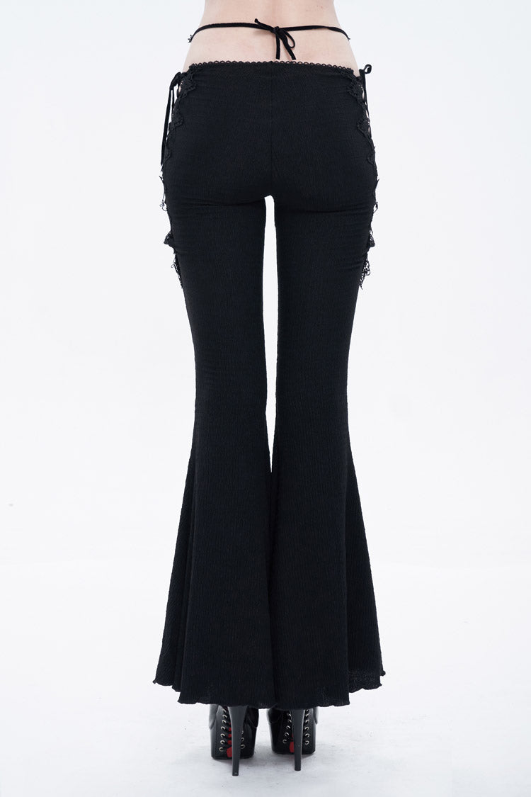Black Low-Rise Lace Gem-Embellished Bilateral Lace-Up Cutout Flared Women's Gothic Pants - Product - 4