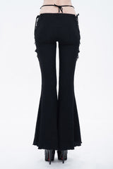 Black Low-Rise Lace Gem-Embellished Bilateral Lace-Up Cutout Flared Women's Gothic Pants - Product - 4