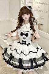 Black/White [Scarlet Heart Cocoa] Sleeveless Triple-Layered Ruffle Embroidery Bowknot Lace Sweet Lolita Jsk Dress - Product - 3