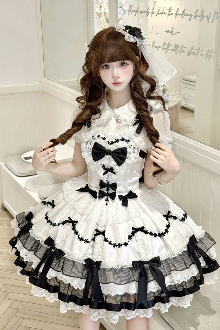 Black/White [Scarlet Heart Cocoa] Sleeveless Triple-Layered Ruffle Embroidery Bowknot Lace Sweet Lolita Jsk Dress - Product - 3